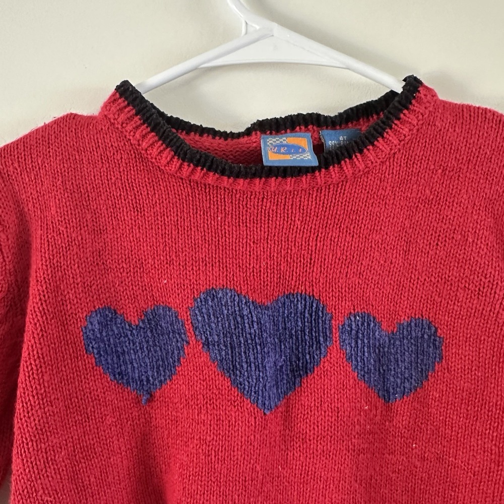 VTG URIT 4T Girls Red Heart Knit Sweater Valentines 90s Cottagecore Colorblock - Picture 4 of 10